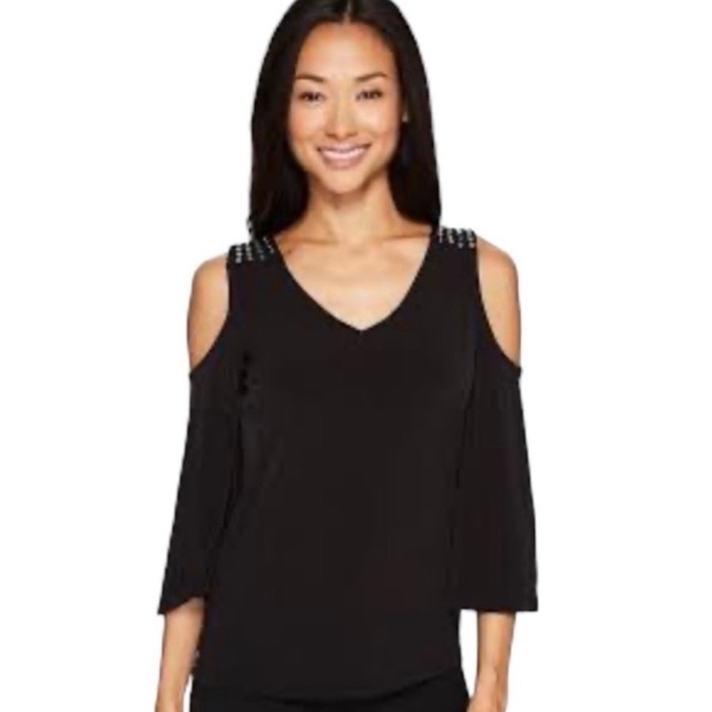 Calvin Klein Black V-Neck Cold Shoulder Top with Silver Stud Accents Size Small